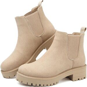 Girls Apricot Pull-On Fall Chelsea Boots Water-Resistant PU Ankle Heel Boots